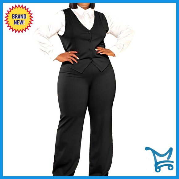 Plus Size Vest Blazer Wide Leg Pants Set Casual Elegant Two Piece Outfit